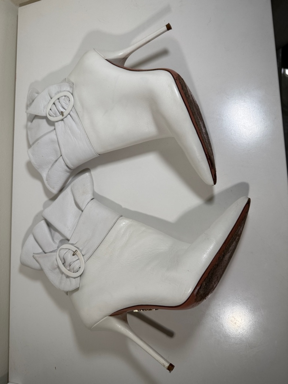 Aquazzura White Pointed-Toe Stiletto Ankle Boots with Buckle Strap, size 40 - Picture 8 of 16
